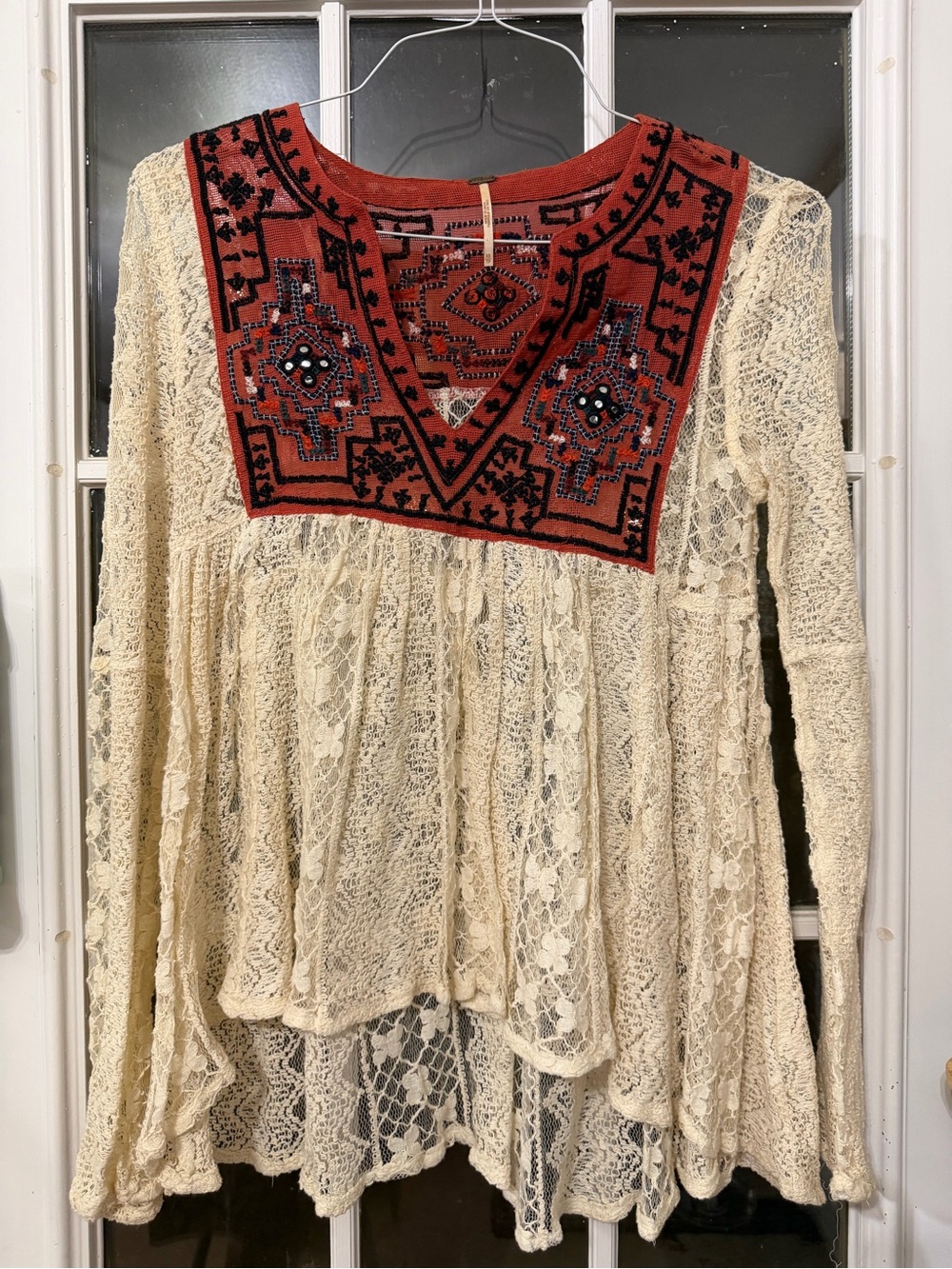 Free People Cream Lace Tunic with Rust Embroidered Yoke